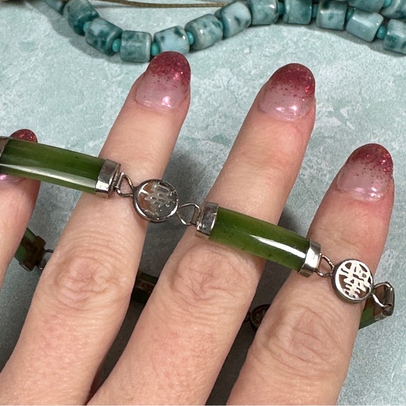 Vintage jade and silver tennis bracelet with Chinese characters - Picture 3 of 8